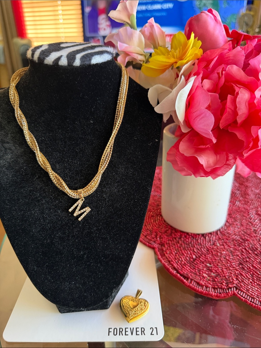 Forever 21 Gold Multi-Strand Twisted Chain gwith Rhinestone 'M' & ❤️pendant